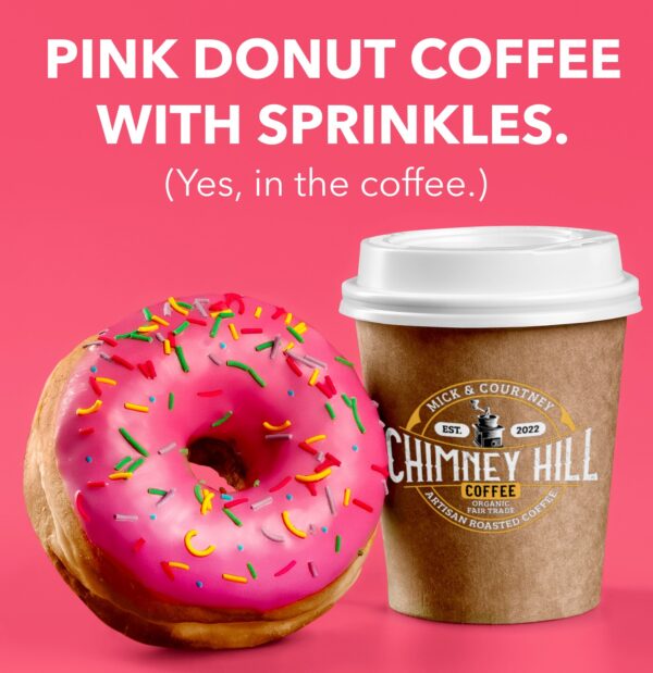 Chimney Hill Pink Donut With Sprinkles Chimney Hill Coffee Fresh Roasted Coffee Delivery in College Station, TX